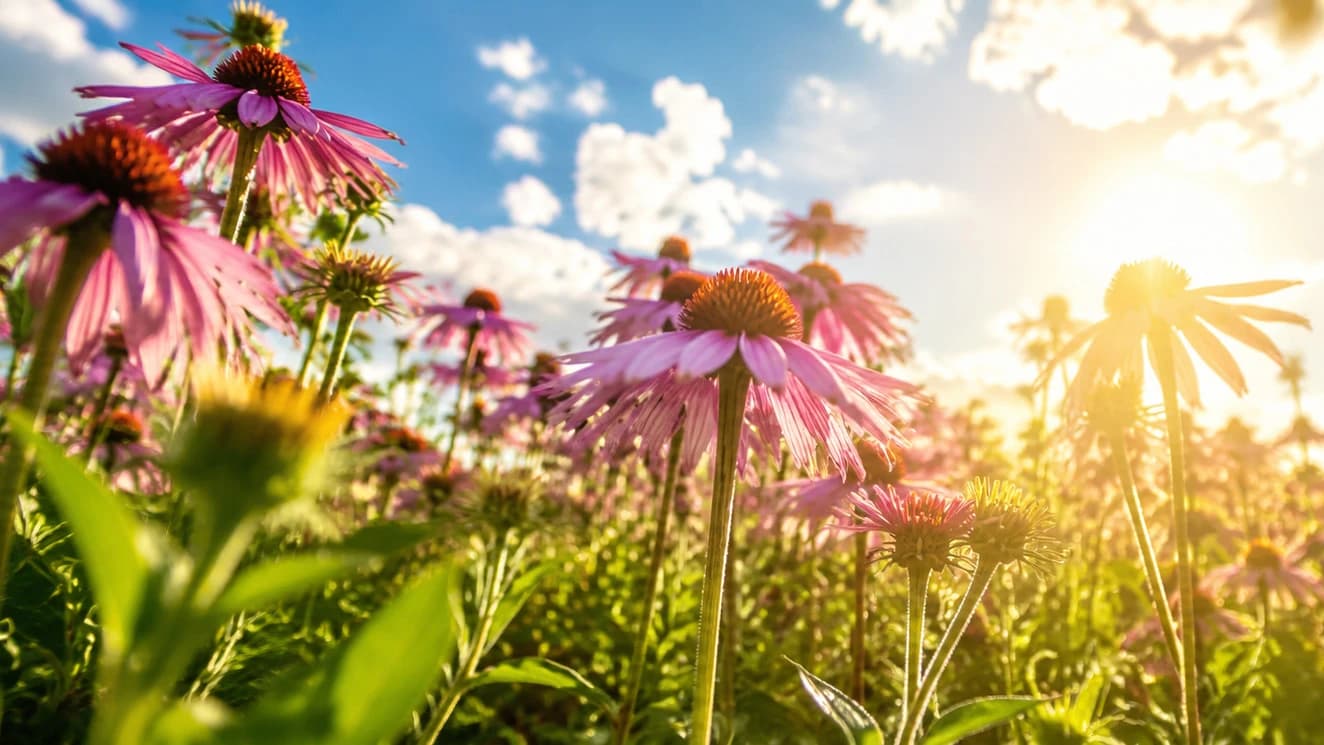 Pink flowers glowing in warm sunlight