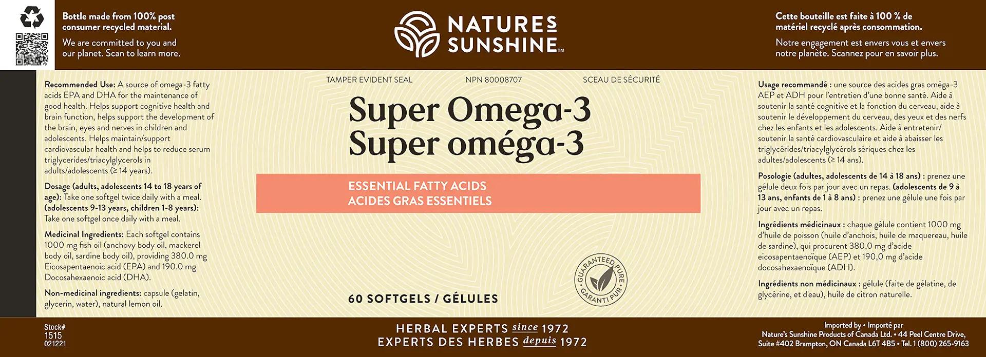 Product label for Nature's Sunshine Super Omega 3, 60 Softgel Capsules. Promotes brain & circulatory health.